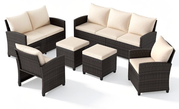 Costway Set salotto da esterno in rattan PE con divano a 3 posti divano a 2 posti, Set da giardino con 2 poltrone e 2 poggiapiedi Beige