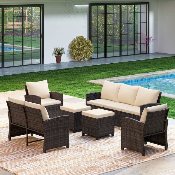 Costway Set salotto da esterno in rattan PE con divano a 3 posti divano a 2 posti, Set da giardino con 2 poltrone e 2 poggiapiedi Beige