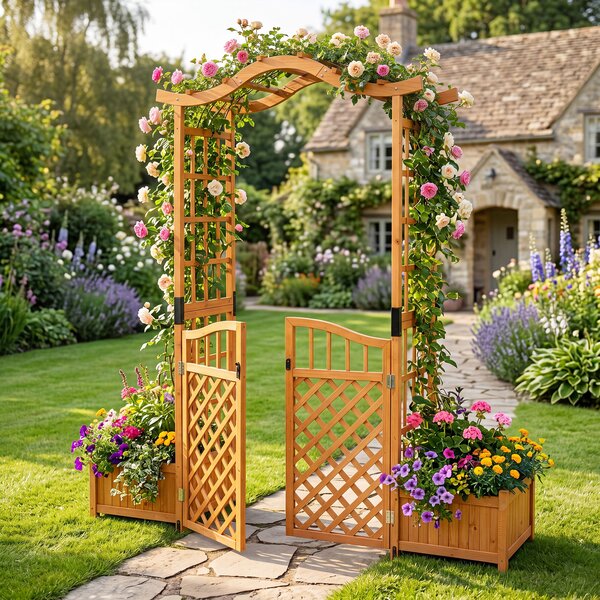 Costway Arco da giardino con fioriere traliccio tetto fori di drenaggio e fondo rimovibile, Letto da giardino per matrimonio e festa