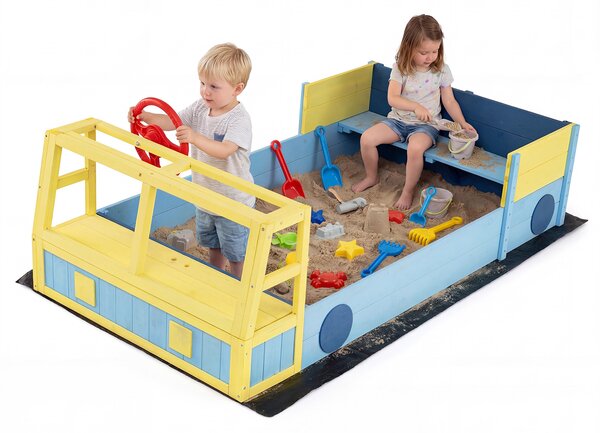 Costway Sabbiera per bambino in legno con panca volante orientabile e rivestimento, Gioco da spiaggia a forma di autopompa