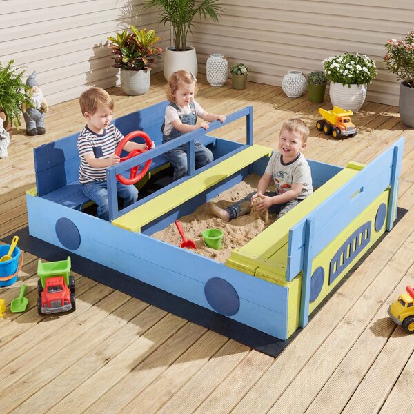 Costway Sabbiera per bambini in legno di abete senza fondo, Sandbox per bambini a forma di macchina con volante rotante