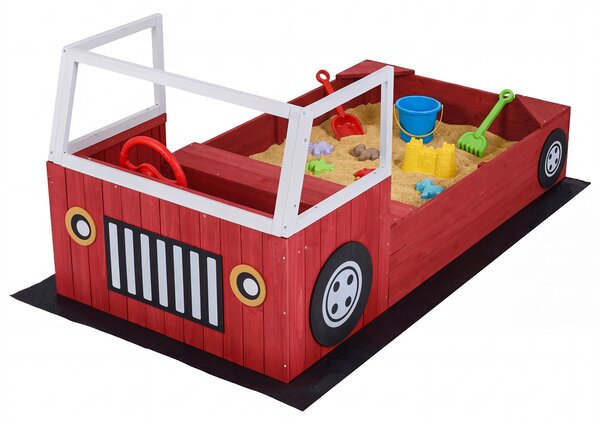 Costway Sabbiera per bambini in legno massello con panca e sedile senza fondo fodera inclusa forma di autopompa, Sabbionaia da esterno Rosso