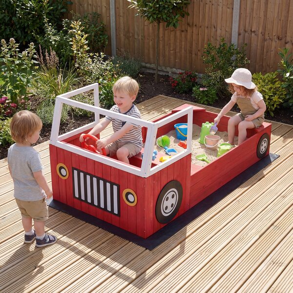 Costway Sabbiera per bambini in legno massello con panca e sedile senza fondo fodera inclusa forma di autopompa, Sabbionaia da esterno Rosso