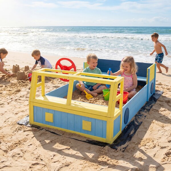 Costway Sabbiera per bambino in legno con panca volante orientabile e rivestimento, Gioco da spiaggia a forma di autopompa