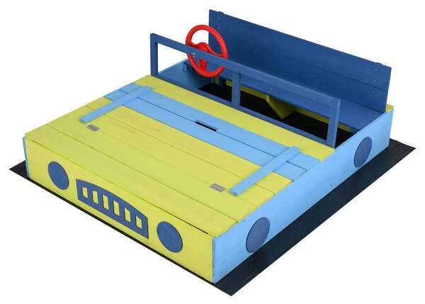 Costway Sabbiera per bambini in legno di abete senza fondo, Sandbox per bambini a forma di macchina con volante rotante
