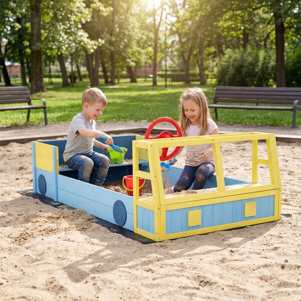 Costway Sabbiera per bambino in legno con panca volante orientabile e rivestimento, Gioco da spiaggia a forma di autopompa