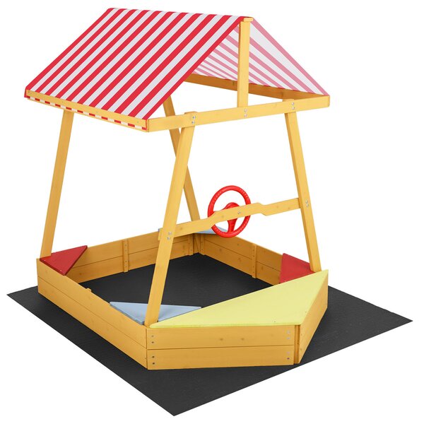 Costway Sabbiera per bambini in legno massello forma di barca, Sabbionaia con tetto parasole panca e sedile senza fondo con fodera