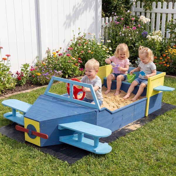 Costway Sabbiera per bambini in legno con fodera inferiore, Gioco da spiaggia a forma di aliante con panca elica timone e alette