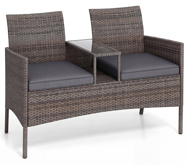 Costway Divano da esterno con tavolino integrato, Mobile in rattan per 2 persone con cuscini e piano in vetro temperato Grigio