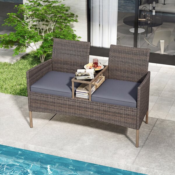 Costway Divano da esterno con tavolino integrato, Mobile in rattan per 2 persone con cuscini e piano in vetro temperato Grigio