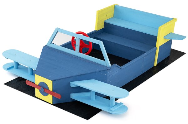 Costway Sabbiera per bambini in legno con fodera inferiore, Gioco da spiaggia a forma di aliante con panca elica timone e alette