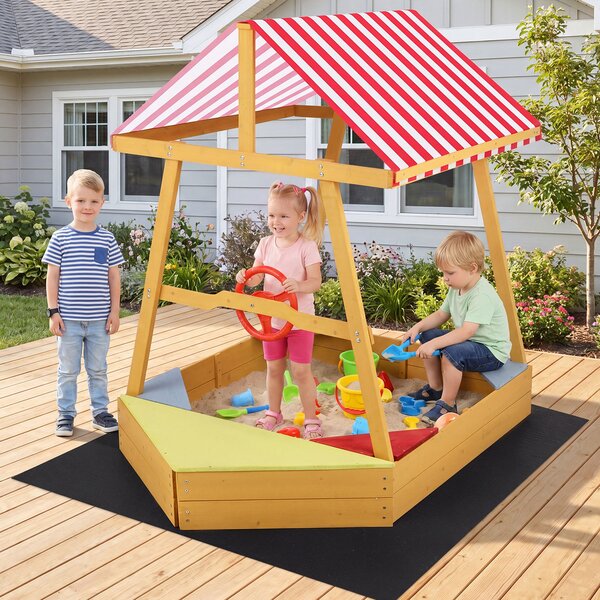 Costway Sabbiera per bambini in legno massello forma di barca, Sabbionaia con tetto parasole panca e sedile senza fondo con fodera
