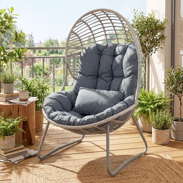 Costway Poltrona da giardino in pe rattan con cuscino imbottito sedile ampio e telaio in metallo, Sedia relax a nido max 150 kg Grigio
