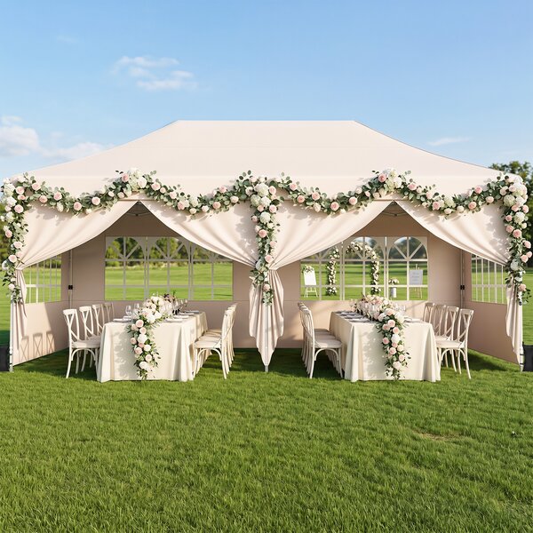 Costway Gazebo da giardino esterno con 6 pareti rimovibili, Gazebo da esterno pieghevole altezza regolabile Beige