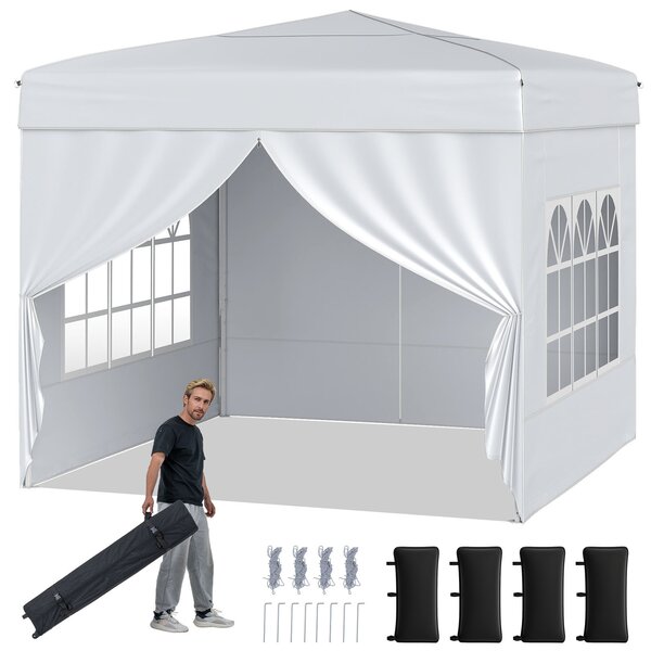 Costway Gazebo da giardino pieghevole con 4 pannelli laterali altezza regolabile borsa da trasporto, Gazebo da esterno impermeabile Bianco