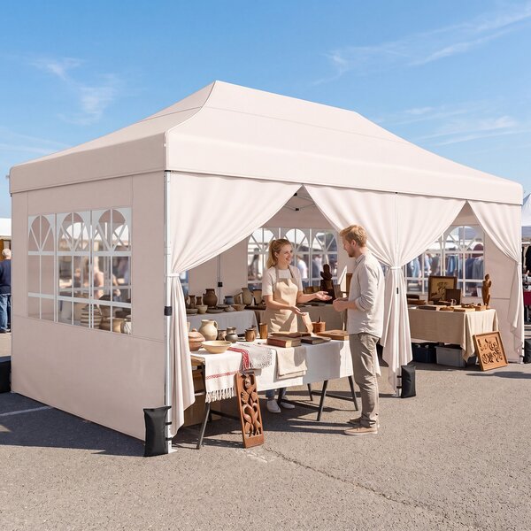 Costway Gazebo da giardino esterno con 6 pareti rimovibili, Gazebo da esterno pieghevole altezza regolabile Beige