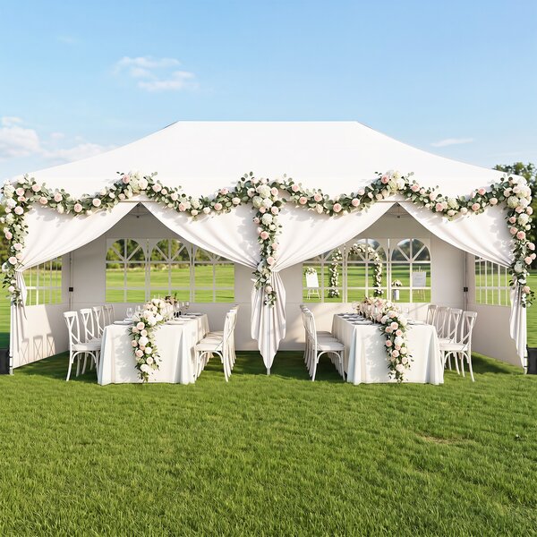 Costway Gazebo da giardino esterno con 6 pareti rimovibili, Gazebo da esterno pieghevole altezza regolabile Bianco