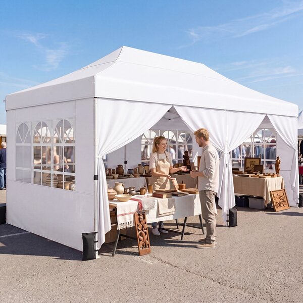 Costway Gazebo da giardino esterno con 6 pareti rimovibili, Gazebo da esterno pieghevole altezza regolabile Bianco