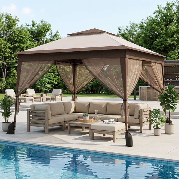Costway Gazebo da giardino con pareti in rete struttura in metallo e borsa con ruote, Gazebo da esterno pieghevole altezza regolabile Marrone