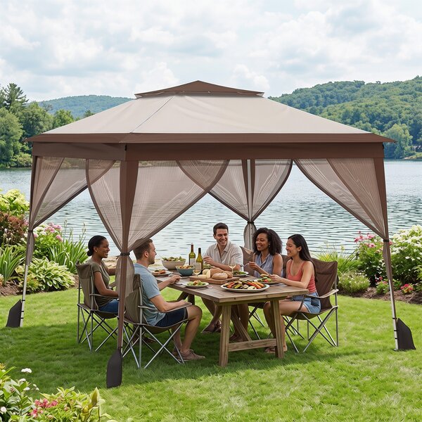 Costway Gazebo da giardino con pareti in rete struttura in metallo e borsa con ruote, Gazebo da esterno pieghevole altezza regolabile Marrone