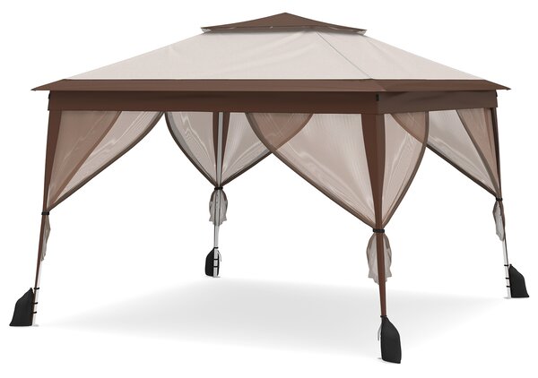 Costway Gazebo da giardino con pareti in rete struttura in metallo e borsa con ruote, Gazebo da esterno pieghevole altezza regolabile Marrone