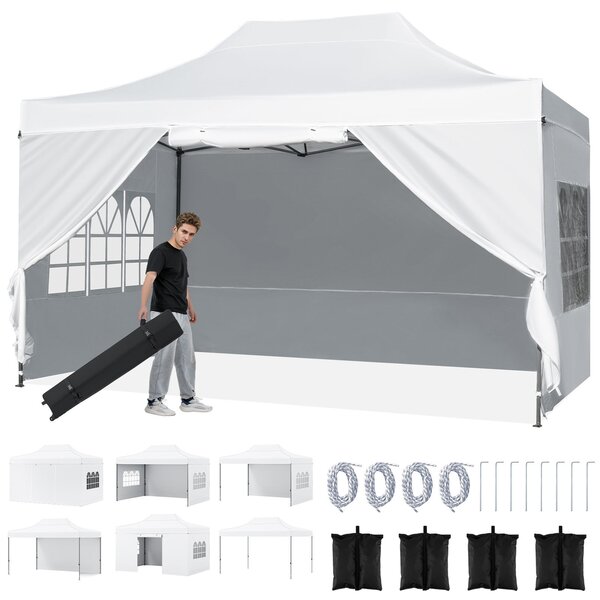 Costway Gazebo da giardino 3 x 4,5 m con 4 pareti laterali removibili, Gazebo da esterno pieghevole altezza regolabile Bianco
