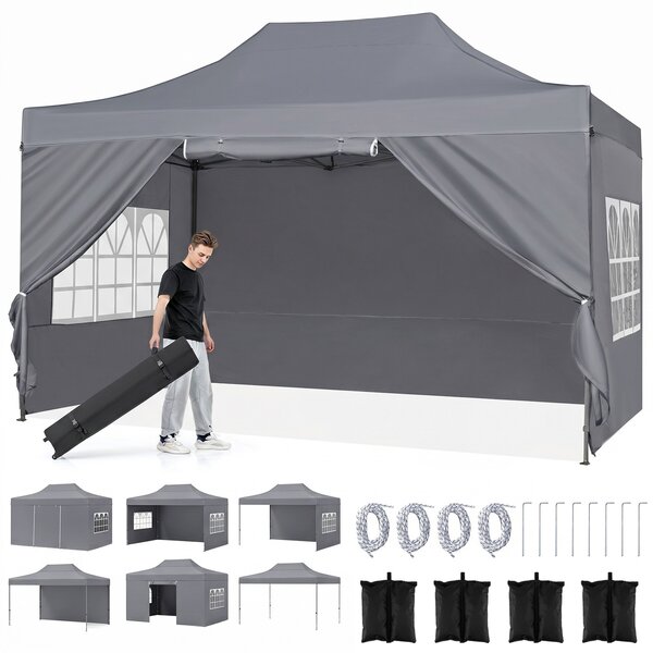 Costway Gazebo da giardino 3 x 4,5 m con 4 pareti laterali removibili, Gazebo da esterno pieghevole altezza regolabile Grigio