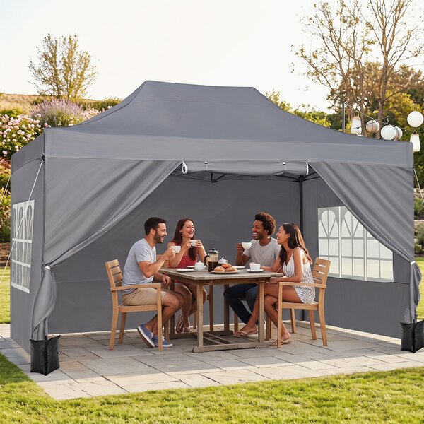 Costway Gazebo da giardino 3 x 4,5 m con 4 pareti laterali removibili, Gazebo da esterno pieghevole altezza regolabile Grigio