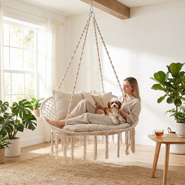 Costway Sedia a dondolo da esterno ed interno in stile boho, Poltrona sospesa intrecciata a 2 posti con nappine portata 250 kg