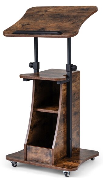 Costway Leggio per podio in legno con altezza regolabile piano reclinabile e 2 scomparti portaoggetti, Scrivania in piedi Marrone