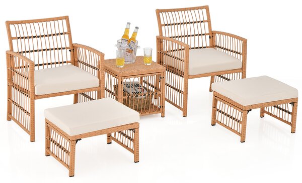 Costway Set salotto da giardino in pe rattan 5 pezzi telaio in metallo, Salottino esterno con 1 tavolino 2 poltrone 2 ottomani multiuso