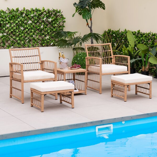 Costway Set salotto da giardino in pe rattan 5 pezzi telaio in metallo, Salottino esterno con 1 tavolino 2 poltrone 2 ottomani multiuso