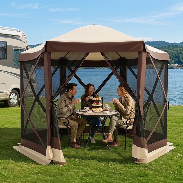 Costway Gazebo da giardino con telaio in fibra di vetro pareti in rete 2 borse e 11 picchetti, Gazebo da esterno pieghevole S