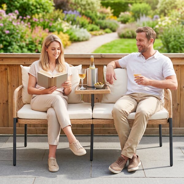 Costway Divano da giardino in rattan PE con tavolino integrato in vetro temperato divanetto a 2 posti, Panchina da esterno