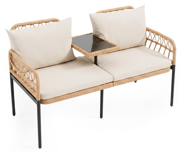 Costway Divano da giardino in rattan PE con tavolino integrato in vetro temperato divanetto a 2 posti, Panchina da esterno