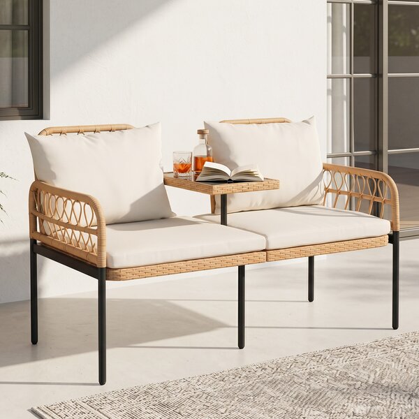 Costway Divano da giardino in rattan PE con tavolino integrato in vetro temperato divanetto a 2 posti, Panchina da esterno