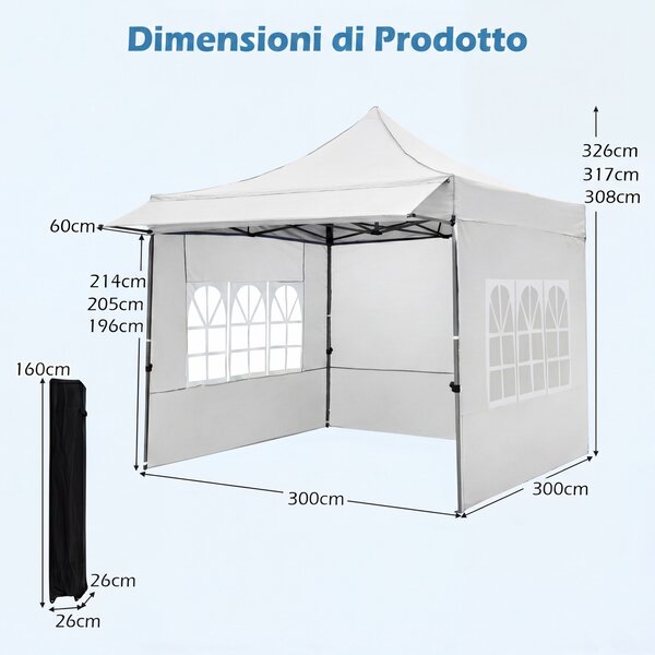 Costway Gazebo da esterno pieghevole 3 x 3 m con pareti rimovibili 4 sacchi di sabbia e borsa, Gazebo regolabile in altezza