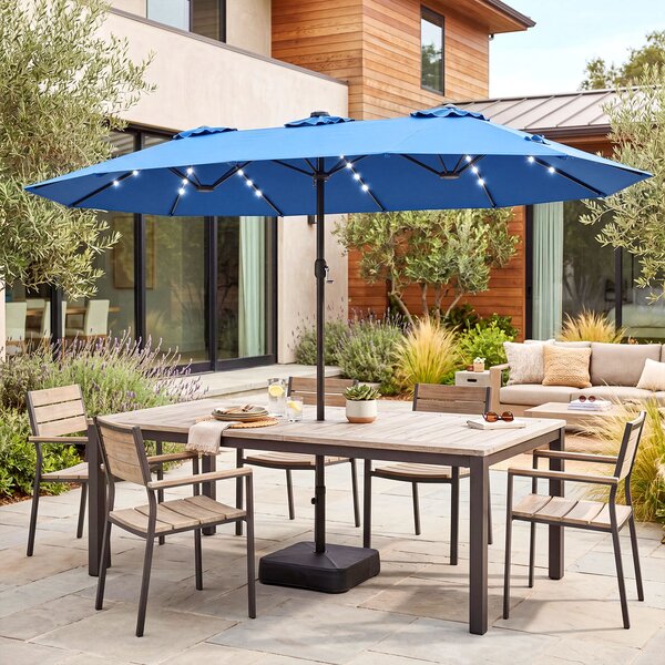 Costway Ombrellone a doppio lato con 48 luci LED solari da 470cm, Ombrello da patio con pannello solare auto-caricante Blu scuro