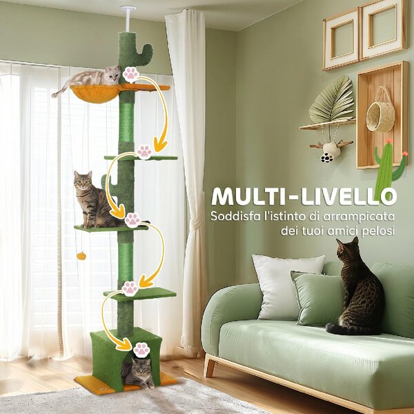 AllMyPets Albero Tiragraffi per Gatti 5 kg a Soffitto Alto 230-275 cm con Amaca Casetta Piattaforme colore Verde