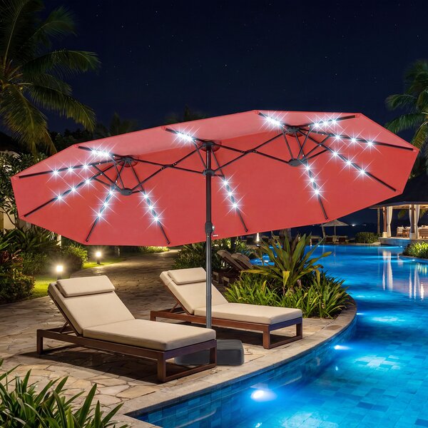 Costway Ombrellone a doppio lato con 48 luci LED solari da 470cm, Ombrello da patio con pannello solare auto-caricante Arancione