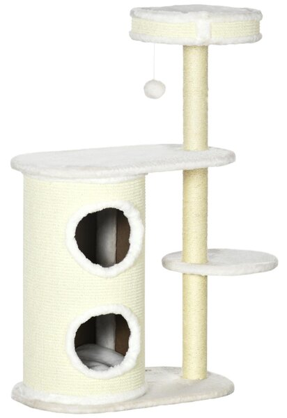 AllMyPets Albero Tiragraffi per Gatti Alto 100 cm con Palo Graffiatoio in Sisal Cesto e Casetta a 2 Livelli colore Crema