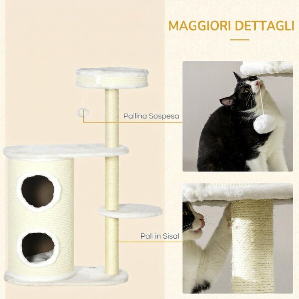 AllMyPets Albero Tiragraffi per Gatti Alto 100 cm con Palo Graffiatoio in Sisal Cesto e Casetta a 2 Livelli colore Crema