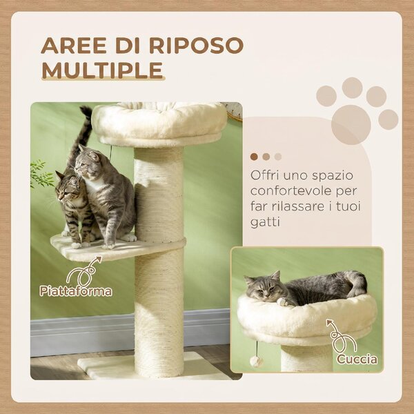 AllMyPets Albero Tiragraffi per Gatti Alto 105 cm con Palo Graffiatoio in Sisal Cestino Pallina Sospesa in Peluche colore Beige