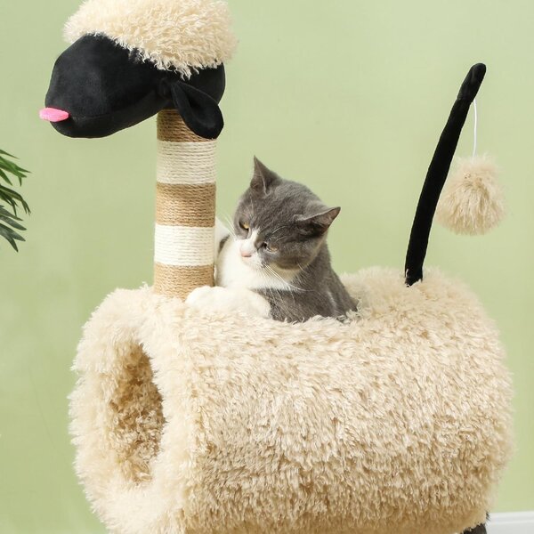 AllMyPets Albero Tiragraffi per Gatti a Forma di Pecora con Naso Nero Pali in Juta Tunnel e Pallina colore Marrone Chiaro