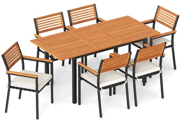 Costway Tavolo allungabile e 6 sedie da esterno tavolo con foro per ombrellone, Pranzo da giardino in legno massello e metallo