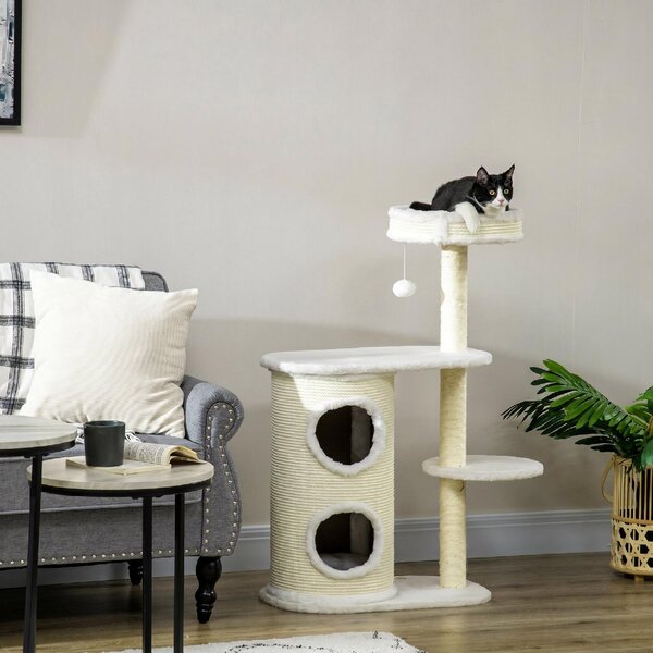 AllMyPets Albero Tiragraffi per Gatti Alto 100 cm con Palo Graffiatoio in Sisal Cesto e Casetta a 2 Livelli colore Crema
