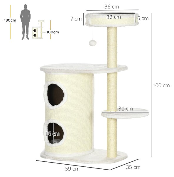 AllMyPets Albero Tiragraffi per Gatti Alto 100 cm con Palo Graffiatoio in Sisal Cesto e Casetta a 2 Livelli colore Crema