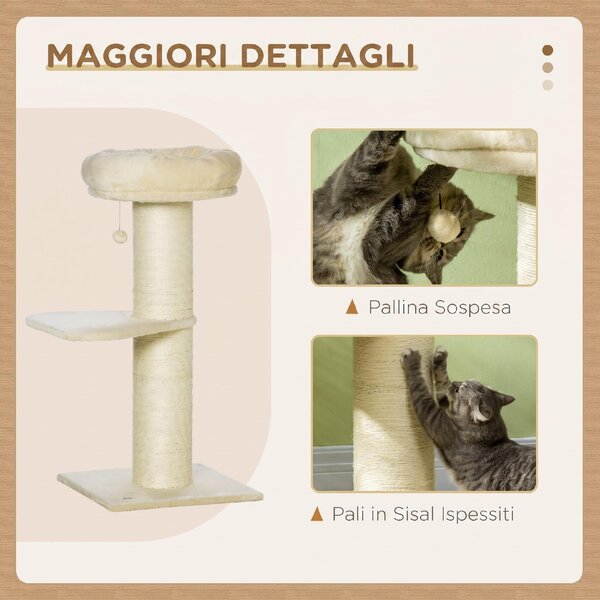 AllMyPets Albero Tiragraffi per Gatti Alto 105 cm con Palo Graffiatoio in Sisal Cestino Pallina Sospesa in Peluche colore Beige