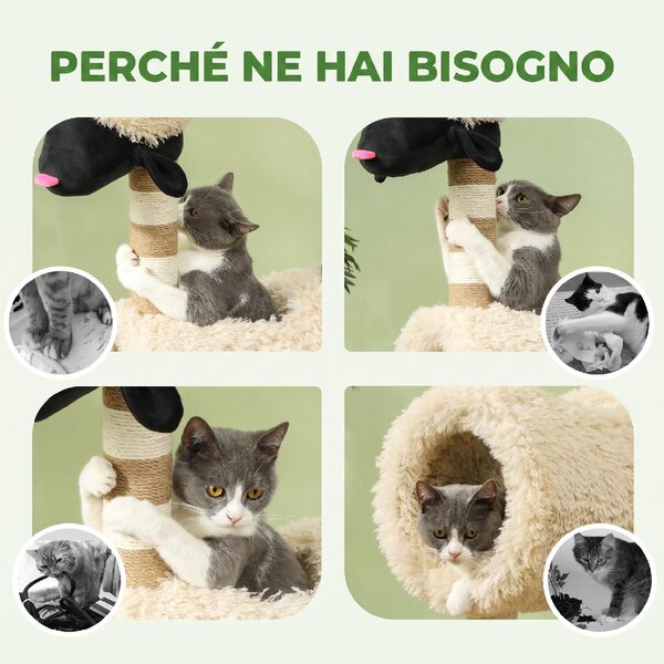AllMyPets Albero Tiragraffi per Gatti a Forma di Pecora con Naso Nero Pali in Juta Tunnel e Pallina colore Marrone Chiaro
