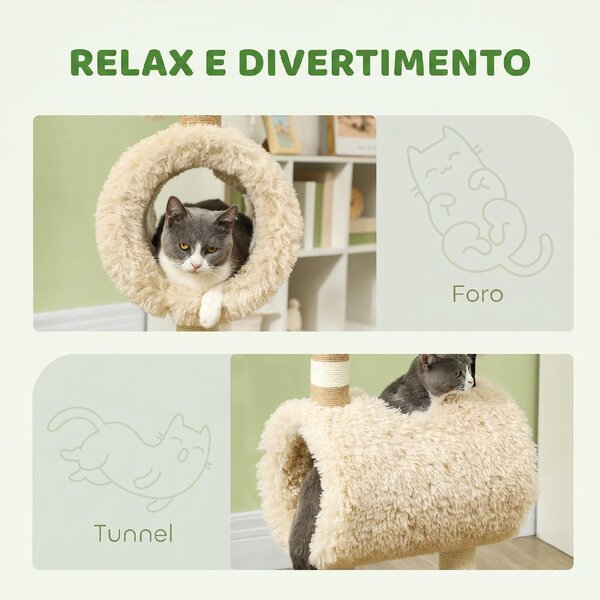 AllMyPets Albero Tiragraffi per Gatti a Forma di Pecora con Naso Nero Pali in Juta Tunnel e Pallina colore Marrone Chiaro